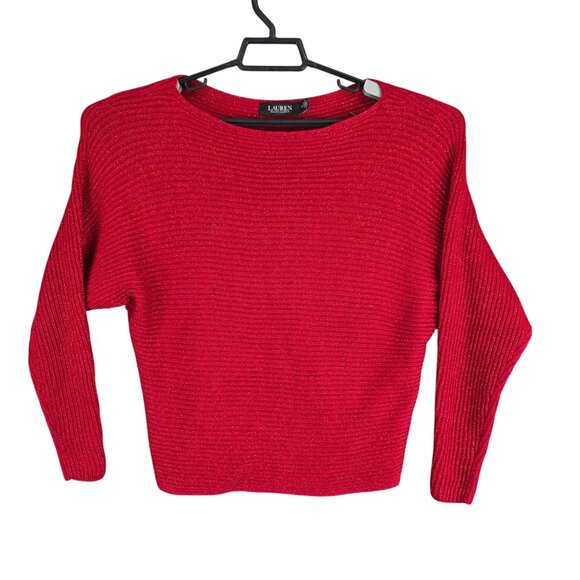 Womens Lauren Ralph Lauren Red Metallic Ribbed Knit Sweater Long Sleeve Size M - Picture 1 of 8